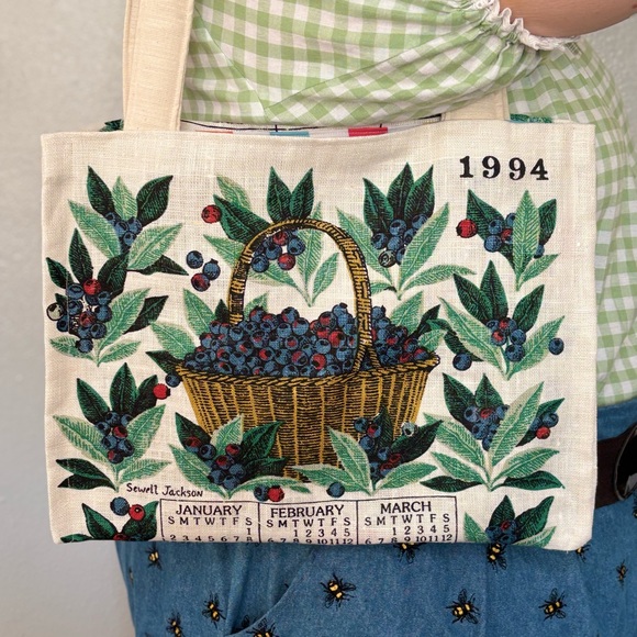 Hand Crafted Handbags - Hand Crafted Canvas Tote with Blueberry and Basket Design